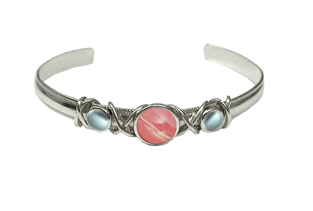 Sterling Silver Hand Made Cuff Bracelet With Rhodocrosite And Blue Topaz